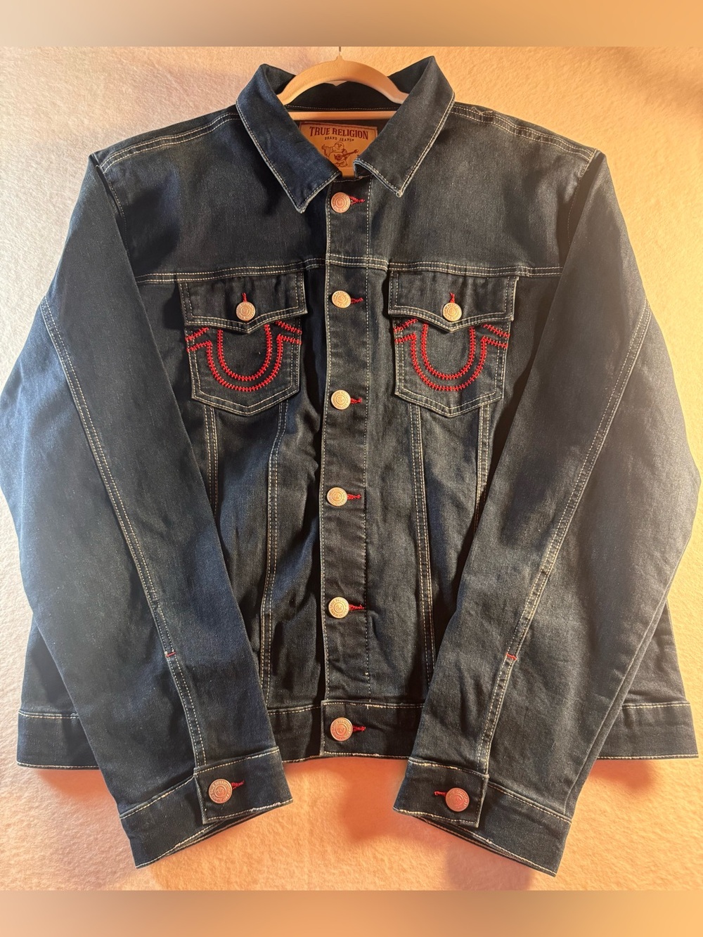 NWT True Religion Mens XL Ladder Stitch Denim Jacket Dark Wash